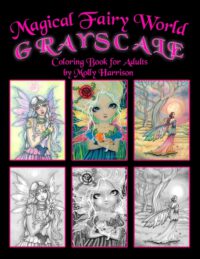 Cover image for Magical Fairy World Grayscale Coloring Book by Molly Harrison: Fairies, Mermaids, a Unicorn and More!