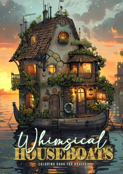 Cover image for Whimsical Houseboats Coloring Book for Adults: Whimsical Houses Coloring Book Grayscale Fairy Houses Coloring Book Houseboat